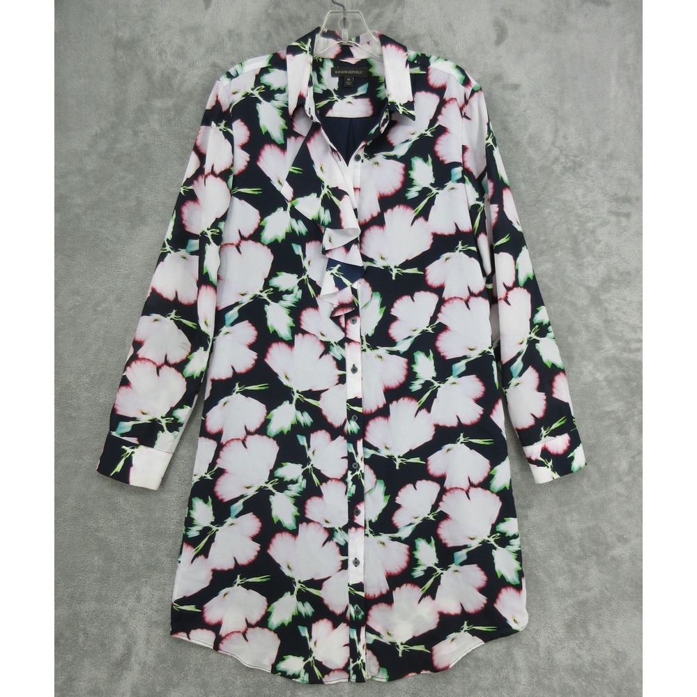 Banana Republic Shirt Dress Women Medium Floral Ruffle Button Front Feminine